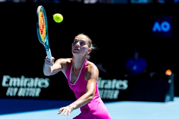 MELBOURNE, VIC - JANUARY 23: Marta Kostyuk of Ukraine in action during the Quarterfinals of the 2024 Australian Open on January 23 2024, at Melbourne Park in Melbourne, Australia. (Photo by Jason Heidrich Icon Sportswire) TENNIS: JAN 23 Australian Open EDITORIAL USE ONLY Icon240123053