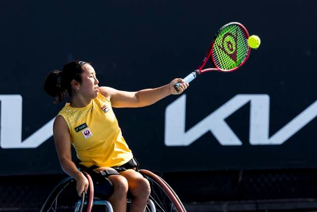 MELBOURNE, VIC - JANUARY 23: Yoi Kamiji of Japan in action during round 1 of the wheelchair event in the 2024 Australian Open on January 23 2024, at Melbourne Park in Melbourne, Australia. (Photo by Jason Heidrich Icon Sportswire) TENNIS: JAN 23 Australian Open EDITORIAL USE ONLY Icon240123106