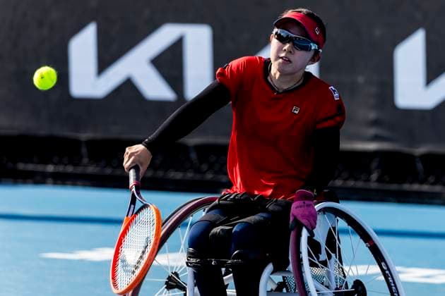 MELBOURNE, VIC - JANUARY 23: Manami Tanaka of Japan in action during round 1 of the wheelchair event in the 2024 Australian Open on January 23 2024, at Melbourne Park in Melbourne, Australia. (Photo by Jason Heidrich Icon Sportswire) TENNIS: JAN 23 Australian Open EDITORIAL USE ONLY Icon240123123