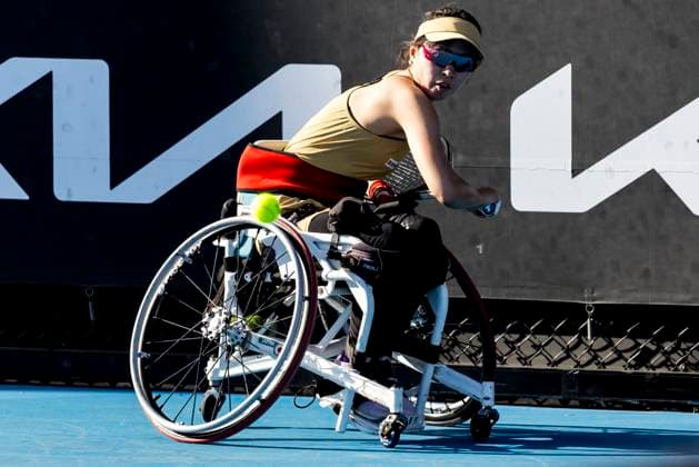 MELBOURNE, VIC - JANUARY 23: Momoko Ohtani of Japan in action during round 1 of the wheelchair event in the 2024 Australian Open on January 23 2024, at Melbourne Park in Melbourne, Australia. (Photo by Jason Heidrich Icon Sportswire) TENNIS: JAN 23 Australian Open EDITORIAL USE ONLY Icon240123142