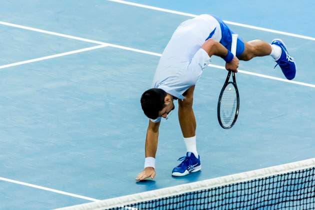 MELBOURNE, VIC - JANUARY 23: Novak Djokovic of Serbia celebrates after winning his quarterfinal match of the 2024 Australian Open on January 23 2024, at Melbourne Park in Melbourne, Australia. (Photo by Jason Heidrich Icon Sportswire) TENNIS: JAN 23 Australian Open EDITORIAL USE ONLY Icon240123168