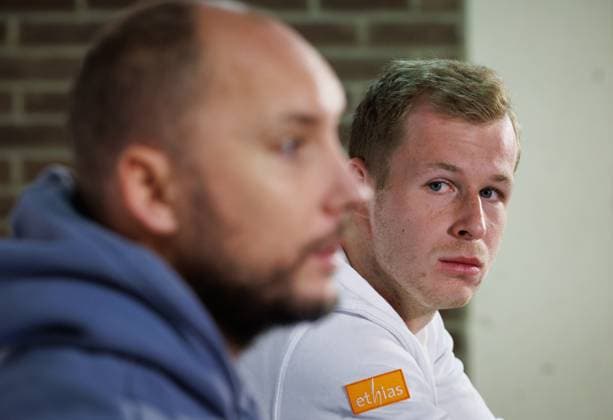 Belgian Davis Cup captain Steve Darcis and Belgian Gauthier Onclin pictured during a press conference, PK, Pressekonferenz of Onclin for his first selection with the Davis Cup team, at the BW Open ATP, Tennis Herren Challenger 125 tournament, in Louvain-la-Neuve, Tuesday 23 January 2024. THE BW Open takes place from 22 to 28 January. BENOITxDOPPAGNE  x84490434x