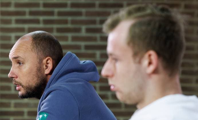Belgian Davis Cup captain Steve Darcis and Belgian Gauthier Onclin pictured during a press conference, PK, Pressekonferenz of Onclin for his first selection with the Davis Cup team, at the BW Open ATP, Tennis Herren Challenger 125 tournament, in Louvain-la-Neuve, Tuesday 23 January 2024. THE BW Open takes place from 22 to 28 January. BENOITxDOPPAGNE  x84490438x