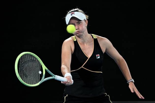 TENNIS AUSTRALIAN OPEN, Barbora Krejcikova of the Czech Republic plays a return shot during her quarter final match against Aryna Sabelenka of Belarus on Day 10 of the 2024 Australian Open at Melbourne Park in Melbourne, Tuesday, January 23, 2024. ( NO ARCHIVING, EDITORIAL USE ONLY, NO USE IN BOOKS WITHOUT CONSENT MELBOURNE VICTORIA AUSTRALIA  Copyright: xLUKASxCOCHx 20240123001892573801