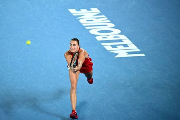 TENNIS AUSTRALIAN OPEN, Aryna Sabelenka of Belarus plays a return shot during her quarter final match against Barbora Krejcikova of the Czech Republic on Day 10 of the 2024 Australian Open at Melbourne Park in Melbourne, Tuesday, January 23, 2024. ( NO ARCHIVING, EDITORIAL USE ONLY, NO USE IN BOOKS WITHOUT CONSENT MELBOURNE VICTORIA AUSTRALIA  Copyright: xJOELxCARRETTx 20240123001892574468