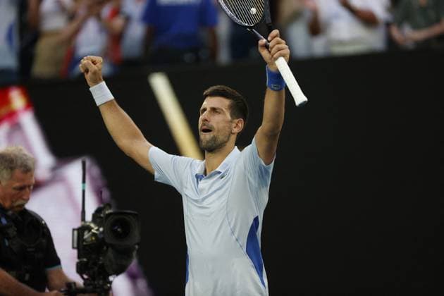 International Tennis match - Australian Open Novak Djokovic (SRB) celebrates after wins their quarterfinals match against Tayor Fritz (USA) during Australian Open, International Tennis match in Melbourne, Australia, January 23 2024 Melbourne Australia  Copyright: xIPAxSport ABACAx