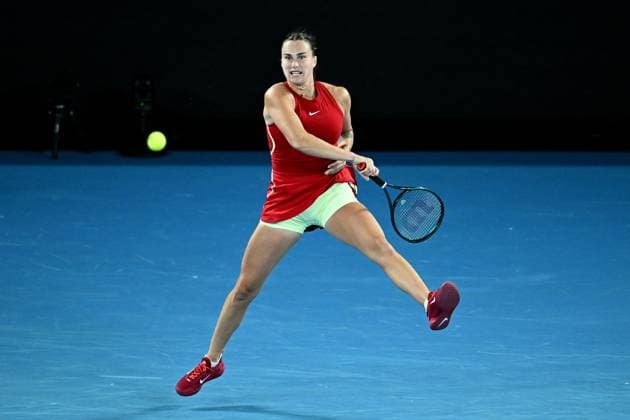 TENNIS AUSTRALIAN OPEN, Aryna Sabelenka of Belarus plays a return shot during her quarter final match against Barbora Krejcikova of the Czech Republic on Day 10 of the 2024 Australian Open at Melbourne Park in Melbourne, Tuesday, January 23, 2024. ( NO ARCHIVING, EDITORIAL USE ONLY, NO USE IN BOOKS WITHOUT CONSENT MELBOURNE VICTORIA AUSTRALIA  Copyright: xJOELxCARRETTx 20240123001892577452