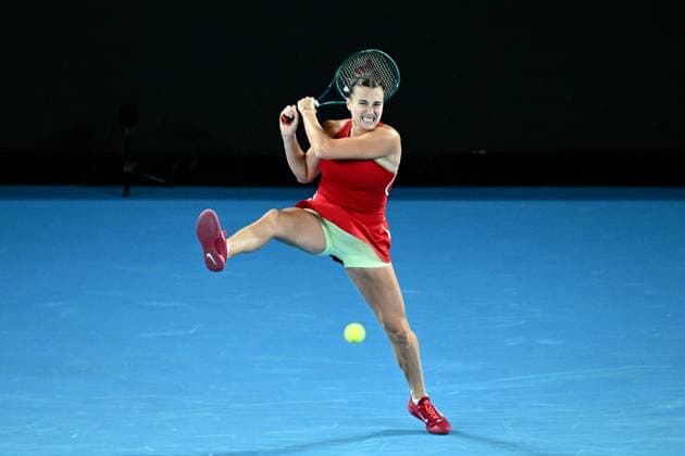TENNIS AUSTRALIAN OPEN, Aryna Sabelenka of Belarus plays a return shot during her quarter final match against Barbora Krejcikova of the Czech Republic on Day 10 of the 2024 Australian Open at Melbourne Park in Melbourne, Tuesday, January 23, 2024. ( NO ARCHIVING, EDITORIAL USE ONLY, NO USE IN BOOKS WITHOUT CONSENT MELBOURNE VICTORIA AUSTRALIA  Copyright: xJOELxCARRETTx 20240123001892579426