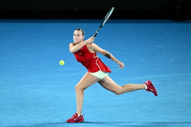 TENNIS AUSTRALIAN OPEN, Aryna Sabelenka of Belarus plays a return shot during her quarter final match against Barbora Krejcikova of the Czech Republic on Day 10 of the 2024 Australian Open at Melbourne Park in Melbourne, Tuesday, January 23, 2024. ( NO ARCHIVING, EDITORIAL USE ONLY, NO USE IN BOOKS WITHOUT CONSENT MELBOURNE VICTORIA AUSTRALIA  Copyright: xJOELxCARRETTx 20240123001892579476