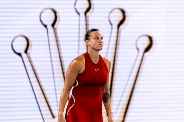 MELBOURNE, VIC - JANUARY 23: Aryna Sabalenka of Belarus in action during the Quarterfinals of the 2024 Australian Open on January 23 2024, at Melbourne Park in Melbourne, Australia. (Photo by Jason Heidrich Icon Sportswire) TENNIS: JAN 23 Australian Open EDITORIAL USE ONLY Icon240123218