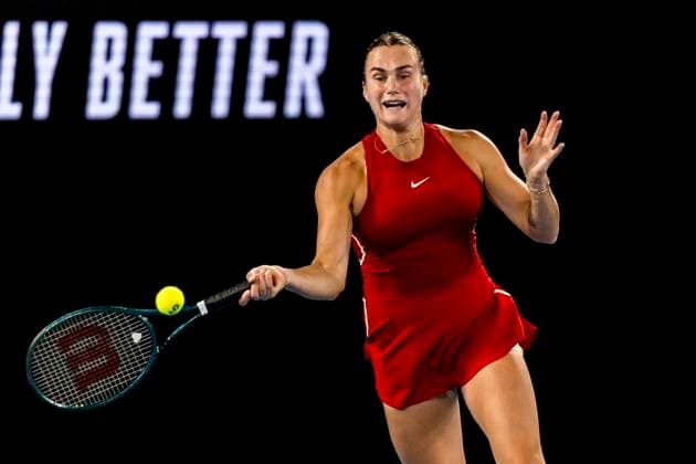 MELBOURNE, VIC - JANUARY 23: Aryna Sabalenka of Belarus in action during the Quarterfinals of the 2024 Australian Open on January 23 2024, at Melbourne Park in Melbourne, Australia. (Photo by Jason Heidrich Icon Sportswire) TENNIS: JAN 23 Australian Open EDITORIAL USE ONLY Icon240123219