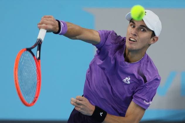 Hungarian Zsombor Piros a tennis match against Belgian De Loore, in the first round of the men s singles at the BW Open ATP, Tennis Herren Challenger 125 tournament, in Louvain-la-Neuve, Tuesday 23 January 2024. THE BW Open takes place from 22 to 28 January. BENOITxDOPPAGNE  x84511856x