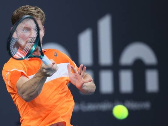 Belgian David Goffin pictured in action during a tennis match against his compatriot Bergs, in the first round of the men s singles at the BW Open ATP, Tennis Herren Challenger 125 tournament, in Louvain-la-Neuve, Tuesday 23 January 2024. THE BW Open takes place from 22 to 28 January. BENOITxDOPPAGNE  x84520043x