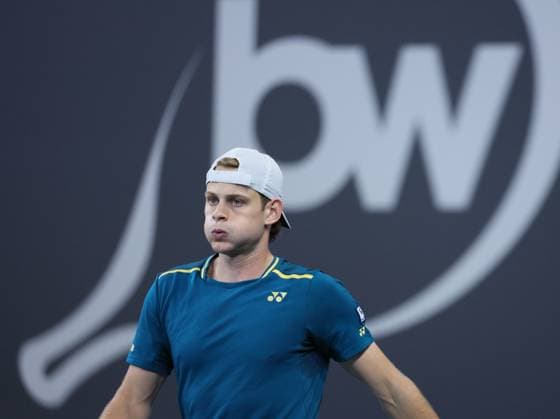 Belgian Zizou Bergs pictured in action during a tennis match against his compatriot Goffin, in the first round of the men s singles at the BW Open ATP, Tennis Herren Challenger 125 tournament, in Louvain-la-Neuve, Tuesday 23 January 2024. THE BW Open takes place from 22 to 28 January. BENOITxDOPPAGNE  x84520282x