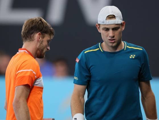 Belgians David Goffin and Zizou Bergs pictured during their tennis match in the first round of the men s singles at the BW Open ATP, Tennis Herren Challenger 125 tournament, in Louvain-la-Neuve, Tuesday 23 January 2024. THE BW Open takes place from 22 to 28 January. BENOITxDOPPAGNE  x84523722x