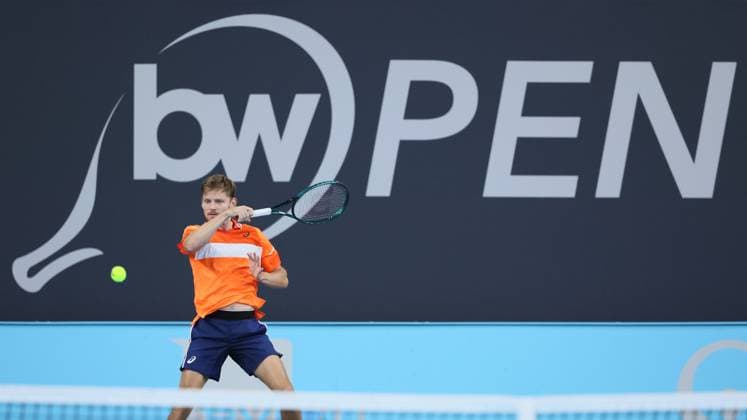 Belgian David Goffin pictured in action during a tennis match against his compatriot Bergs, in the first round of the men s singles at the BW Open ATP, Tennis Herren Challenger 125 tournament, in Louvain-la-Neuve, Tuesday 23 January 2024. THE BW Open takes place from 22 to 28 January. BENOITxDOPPAGNE  x84524214x