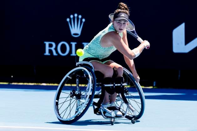 MELBOURNE, VIC - JANUARY 24: Dana Mathewson of the United States of America in action during the Quarterfinals of the wheelchair event in the 2024 Australian Open on January 24 2024, at Melbourne Park in Melbourne, Australia. (Photo by Jason Heidrich Icon Sportswire) TENNIS: JAN 24 Australian Open EDITORIAL USE ONLY Icon240124035