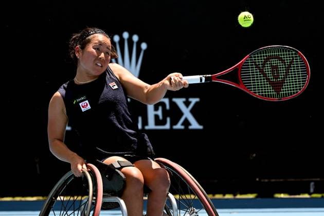 TENNIS AUSTRALIAN OPEN, Yui Kamiji of Japan in action during her Quaterfinals Women?s Wheelchair match against Dana Mathewson of the USA on Day 11 of the 2024 Australian Open at Melbourne Park in Melbourne, Wednesday, January 24, 2024. ( NO ARCHIVING, EDITORIAL USE ONLY, NO USE IN BOOKS WITHOUT CONSENT MELBOURNE VICTORIA AUSTRALIA  Copyright: xJAMESxROSSx 20240124001892864702