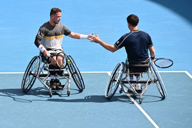 TENNIS AUSTRALIAN OPEN, Alfie Hewett and Gordon Reid of United Kingdom in action during their Men?s Wheelchair Doubles Quarterfinal against Ben Weekes and Anderson Parker of Australia on Day 11 of the 2024 Australian Open at Melbourne Park in Melbourne, Wednesday, January 24, 2024. ( NO ARCHIVING, EDITORIAL USE ONLY, NO USE IN BOOKS WITHOUT CONSENT MELBOURNE VICTORIA AUSTRALIA  Copyright: xJOELxCARRETTx 20240124001892906662