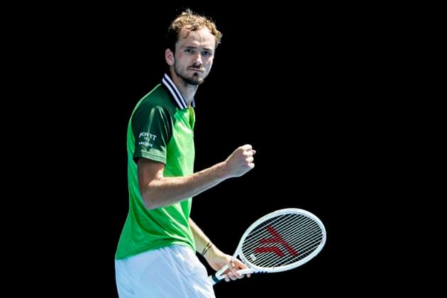 MELBOURNE, VIC - JANUARY 24: Daniil Medvedev of Russia celebrates during the Quarterfinals of the 2024 Australian Open on January 24 2024, at Melbourne Park in Melbourne, Australia. (Photo by Jason Heidrich Icon Sportswire) TENNIS: JAN 24 Australian Open EDITORIAL USE ONLY Icon240124100