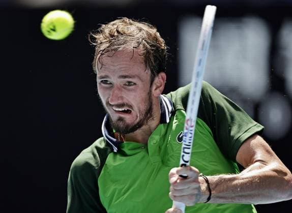 Tennis: Australian Open Russian tennis player Daniil Medvedev plays against Hubert Hurkacz of Poland in their quarterfinal match at the Australian Open tournament in Melbourne on Jan. 24, 2024.  A14AA0002371110P
