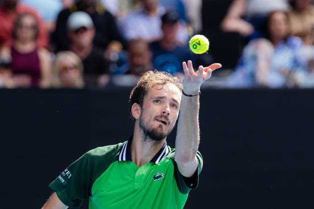 (240124) -- MELBOURNE, Jan. 24, 2024 -- Daniil Medvedev serves during the men s singles quarterfinal between Daniil Medvedev of Russia and Hubert Hurkacz of Poland at Australian Open tennis tournament in Melbourne, Australia, Jan. 24, 2024. (Photo by Xinhua) (SP)AUSTRALIA-MELBOURNE-TENNIS-AUSTRALIAN OPEN ChuxChen 