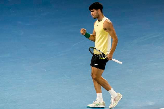 MELBOURNE, VIC - JANUARY 24: Carlos Alcaraz of Spain celebrates during the Quarterfinals of the 2024 Australian Open on January 24 2024, at Melbourne Park in Melbourne, Australia. (Photo by Jason Heidrich Icon Sportswire) TENNIS: JAN 24 Australian Open EDITORIAL USE ONLY Icon240124264