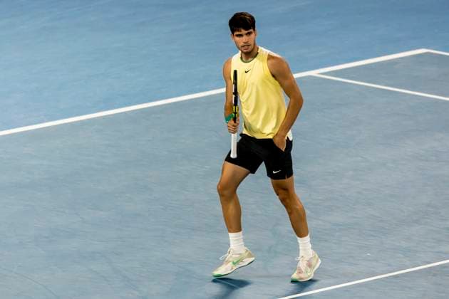 MELBOURNE, VIC - JANUARY 24: Carlos Alcaraz of Spain celebrates during the Quarterfinals of the 2024 Australian Open on January 24 2024, at Melbourne Park in Melbourne, Australia. (Photo by Jason Heidrich Icon Sportswire) TENNIS: JAN 24 Australian Open EDITORIAL USE ONLY Icon240124267