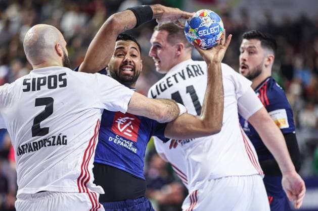 France v Hungary - Men s EHF Euro 2024 COLOGNE, GERMANY - JANUARY 24: Melvyn Richardson of France is challenged by Adrian Sipos of Hungary during the Men s EHF Euro 2024 main round match between France and Hungary at Lanxess Arena on January 24, 2024 in Cologne, Germany. SanjinxStrukic PIXSELL
