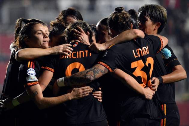 Valentina Giacinti of AS Roma celebrates with team mates after scoring the goal of 1-0 during the Women Champions League group stage C match between AS Roma and Bayern Munchen at tre fontane stadium, Rome (Italy), January 24th, 2023. andreaxstaccioli