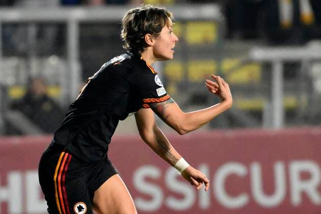 Valentina Giacinti of AS Roma celebrates after scoring the goal of 1-0 during the Women Champions League group stage C match between AS Roma and Bayern Munchen at tre fontane stadium, Rome (Italy), January 24th, 2023. andreaxstaccioli