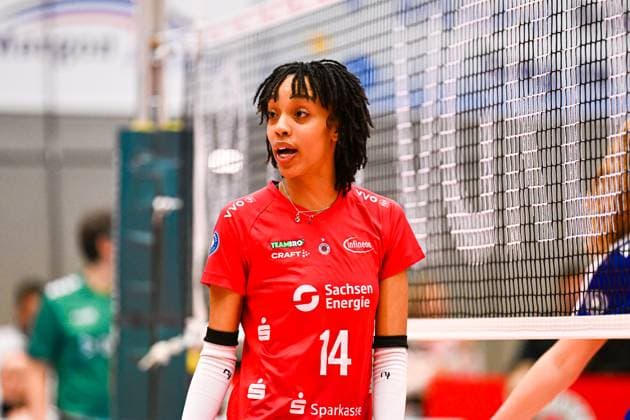 1. Volleyball Bundesliga Frauen, Dresdner SC vs. VC Neuwied, Dresden, 24.01.2024 Tia Jimerson (Dresdner SC, 14) 1. Volleyball Bundesliga Frauen, Dresdner SC vs. VC Neuwied am 24.01.2024 in der Margon Arena Dresden Copyright: xBEAUTIFULxSPORTS Hoepnerx