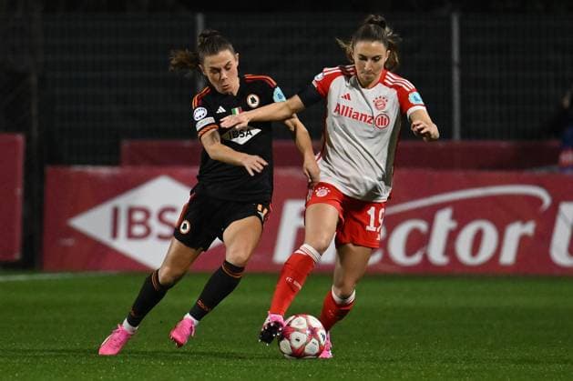 Emilie Haavi of A.S. Roma Women and Katharina Naschenweng of FC Bayern Munchen during the day 5 Group C of the UEFA Women s Champions League between A.S. Roma vs F.C. Bayern Munchen, 24 January 2024 at the Stadio Tre Fontane in Rome, Italy.  Copyright: xDomenicoxCippitelli IPAxSportx x xx IPA_42928470 IPA_Agency_IPA42928470