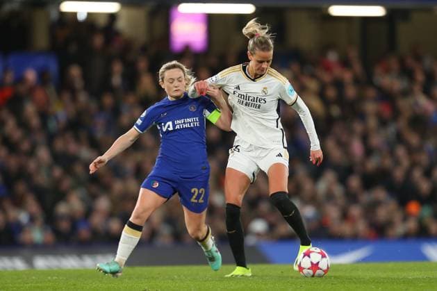 24th January 2024; Stamford Bridge, Chelsea, London, England: UEFA Womens Champions League Football, Chelsea versus Real Madrid Femenino; Erin Cuthbert of Chelsea and Caroline Moller of Real Madrid compete for the ball.  ActionPlus12601478 KatiexChan
