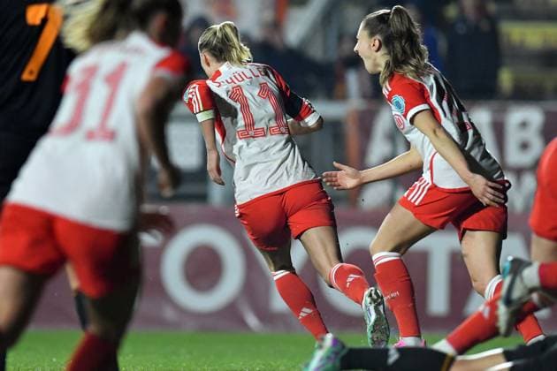 Soccer, Woman champions league 2023-2024 , AS Roma Women v Bayern Monaco women Lea Schuller of Bayern Monaco woman celebrates scoring her goal during the WomenÕs Champions League match between Roma Women v Bayern Monaco women at Tre Fontane stadium in Rome, Italy, January 24th, 2024. Imago Images Emmefoto Copyright: xImagoxImages Emmefotox