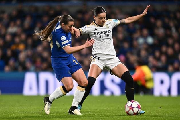 LONDON, ENGLAND - January 24: Fran Kirby of Chelsea FC Women and Claudia Zornoza of Real Madrid Femenino during the UEFA Womens Champions League group stage match between Chelsea FC Women and Real Madrid Women at Stamford Bridge on January 24, 2024 in London, England, Photo Sebastian Frej Chelsea FC Women v Real Madrid Femino : Group D - UEFA Womens Champions League 2023 24 Copyright: xSebastianxFrejx