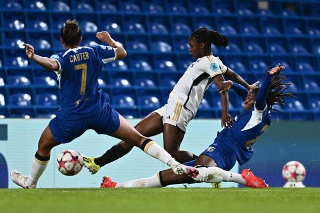 LONDON, ENGLAND - January 24: Jess Carter, Kadeisha Buchanan of Chelsea FC Women and Linda Caicedo of Real Madrid Femenino during the UEFA Womens Champions League group stage match between Chelsea FC Women and Real Madrid Women at Stamford Bridge on January 24, 2024 in London, England, Photo Sebastian Frej Chelsea FC Women v Real Madrid Femino : Group D - UEFA Womens Champions League 2023 24 Copyright: xSebastianxFrejx