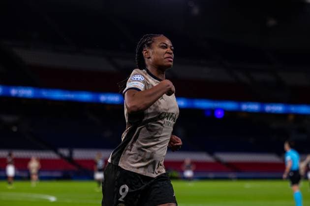 Marie-Antoinette Katoto (9 PSG) celebrating after scoring during the UEFA Women?s Champions League game between Paris Saint Germain and Ajax Amsterdam at Parc des Princes in Paris, France. (Pauline FIGUET SPP) Copyright: xPaulinexFIGUETx xSPPx spp-en-PaFiSp-PF_PSGvAJAX103