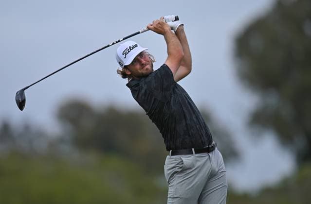 January 24, 2024: Chad Hambright tees off on the 18th hole during the first round of the Farmers Insurance Open at Torrey Pines North in San Diego, California. CSM San Diego USA - ZUMAc04_ 20240124_zma_c04_077 Copyright: xJustinxFinex