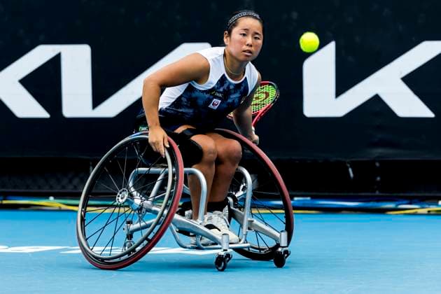 MELBOURNE, VIC - JANUARY 25: Yui Kamiji of Japan in action during the semifinals of the wheelchair event in the 2024 Australian Open on January 25 2024, at Melbourne Park in Melbourne, Australia. (Photo by Jason Heidrich Icon Sportswire) TENNIS: JAN 25 Australian Open EDITORIAL USE ONLY Icon240125008