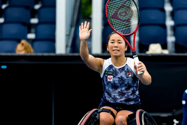 MELBOURNE, VIC - JANUARY 25: Yui Kamiji of Japan celebrates winning her match in the semifinals of the wheelchair event in the 2024 Australian Open on January 25 2024, at Melbourne Park in Melbourne, Australia. (Photo by Jason Heidrich Icon Sportswire) TENNIS: JAN 25 Australian Open EDITORIAL USE ONLY Icon240125029