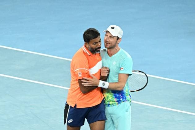 TENNIS AUSTRALIAN OPEN, Matthew Ebden (right) of Australia and Rohan Bopanna of India celebrate their Men?s Doubles semifnal win against Tomas Machac of Czech Republic and Zhizhen Zhang of China on Day 12 of the 2024 Australian Open at Melbourne Park in Melbourne, Thursday, January 25, 2024. ( NO ARCHIVING, EDITORIAL USE ONLY, NO USE IN BOOKS WITHOUT CONSENT MELBOURNE VICTORIA AUSTRALIA  Copyright: xJAMESxROSSx 20240125001893315382