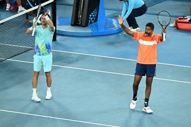 TENNIS AUSTRALIAN OPEN, Matthew Ebden (left) of Australia and Rohan Bopanna of India celebrate their Men?s Doubles semifnal win against Tomas Machac of Czech Republic and Zhizhen Zhang of China on Day 12 of the 2024 Australian Open at Melbourne Park in Melbourne, Thursday, January 25, 2024. ( NO ARCHIVING, EDITORIAL USE ONLY, NO USE IN BOOKS WITHOUT CONSENT MELBOURNE VICTORIA AUSTRALIA  Copyright: xJAMESxROSSx 20240125001893316490