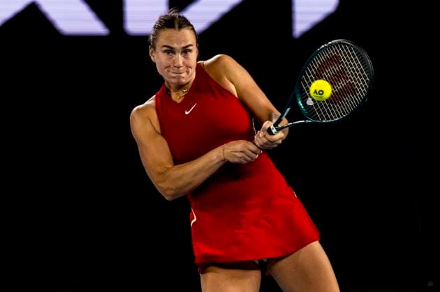MELBOURNE, VIC - JANUARY 25: Aryna Sabalenka of Belarus in action during the semifinals of the 2024 Australian Open on January 25 2024, at Melbourne Park in Melbourne, Australia. (Photo by Jason Heidrich Icon Sportswire) TENNIS: JAN 25 Australian Open EDITORIAL USE ONLY Icon240125119