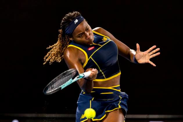 MELBOURNE, VIC - JANUARY 25: Coco Gauff of the United States of America in action during the semifinals of the 2024 Australian Open on January 25 2024, at Melbourne Park in Melbourne, Australia. (Photo by Jason Heidrich Icon Sportswire) TENNIS: JAN 25 Australian Open EDITORIAL USE ONLY Icon240125176
