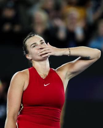(240125) -- MELBOURNE, Jan. 25, 2024 -- Aryna Sabalenka of Belarus celebrates after winning the women s singles semifinal between Aryna Sabalenka of Belarus and Coco Gauff of the United States at Australian Open tennis tournament in Melbourne, Australia, Jan. 25, 2024. ) (SP)AUSTRALIA-MELBOURNE-TENNIS-AUSTRALIAN OPEN-SEMIFINALS MaxPing 