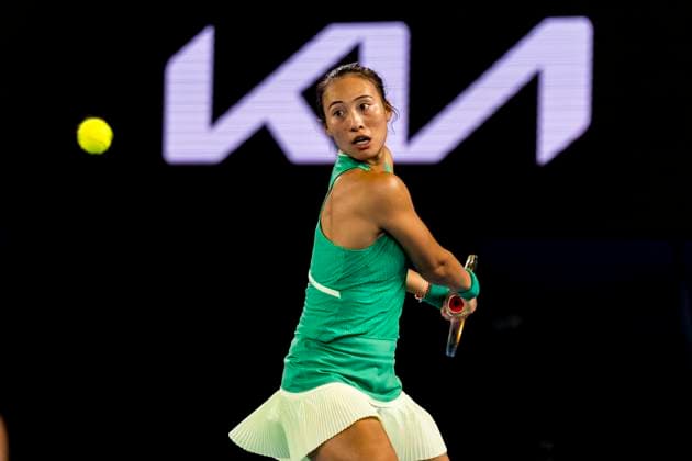 MELBOURNE, VIC - JANUARY 25: Qinwen Zheng of China in action during the semifinals of the 2024 Australian Open on January 25 2024, at Melbourne Park in Melbourne, Australia. (Photo by Jason Heidrich Icon Sportswire) TENNIS: JAN 25 Australian Open EDITORIAL USE ONLY Icon240125203