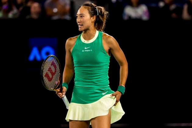 MELBOURNE, VIC - JANUARY 25: Qinwen Zheng of China in action during the semifinals of the 2024 Australian Open on January 25 2024, at Melbourne Park in Melbourne, Australia. (Photo by Jason Heidrich Icon Sportswire) TENNIS: JAN 25 Australian Open EDITORIAL USE ONLY Icon240125206