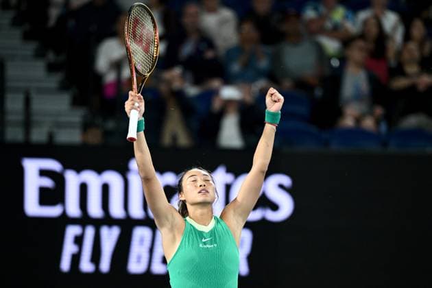 TENNIS AUSTRALIAN OPEN, Qinwen Zheng of China celebrates match point during her Women?s Singles semifinal win over Dayana Yastremska of Ukraine on Day 12 of the 2024 Australian Open at Melbourne Park in Melbourne, Thursday, January 25, 2024. ( NO ARCHIVING, EDITORIAL USE ONLY, NO USE IN BOOKS WITHOUT CONSENT MELBOURNE VICTORIA AUSTRALIA  Copyright: xJOELxCARRETTx 20240125001893447778