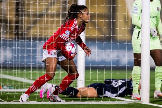 240125 JÃ ssica Silva of Benfica celebrates after 1-1 during the UEFA Women s Champions League football match between FC Rosengard and Benfica on January 25, 2024 in Malmö. Photo: Petter Arvidson BILDBYRAN kod PA PA0740 fotboll football soccer fotball champions league fc rosengard benfica dam bbeng jubel Copyright: PETTERxARVIDSON BB240125PA199